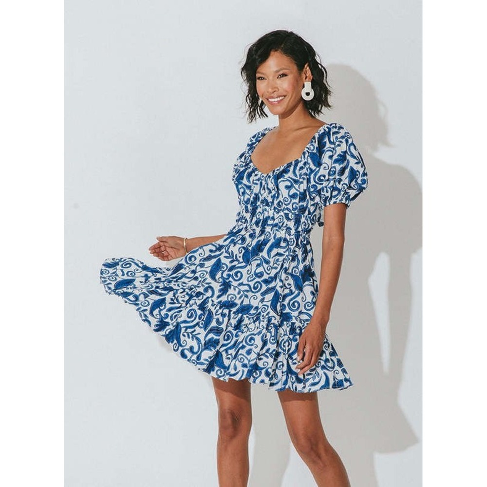 Cleobella Bea Mini Dress in Azulejo Blue Paisley Print (MSRP: $218) Size Large